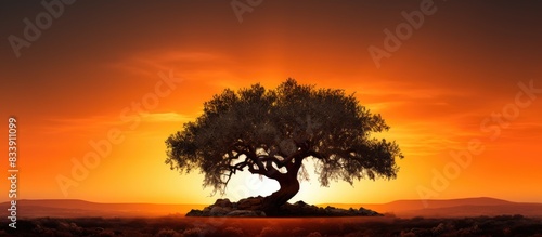 Sunset backdrop highlighting an olive tree with striking silhouettes and a warm, golden glow, perfect for a copy space image.
