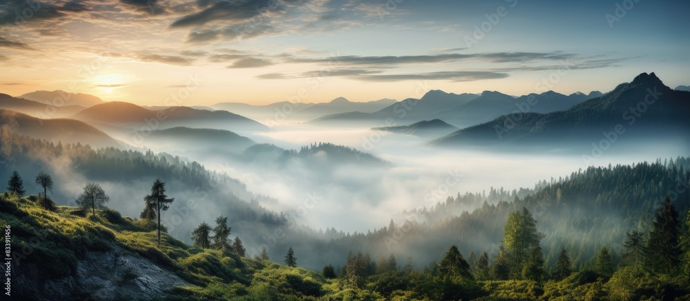 Scenic mountain valley in mist with forests, clouds, and a beautiful natural landscape captured during a summer sunrise from high mountains, featuring copy space image. Scenic mountain valley in mist with forests, clouds, and a beautiful natural landscape captured during a summer sunrise from high mountains, featuring copy space image.