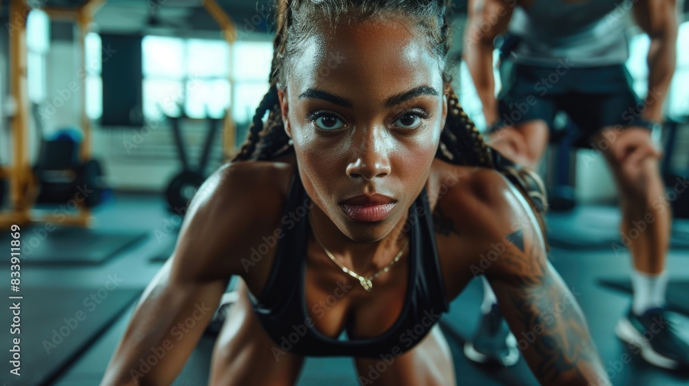 A woman performing push-up exercises in a modern gym setting, ideal for fitness and workout images A woman performing push-up exercises in a modern gym setting, ideal for fitness and workout images