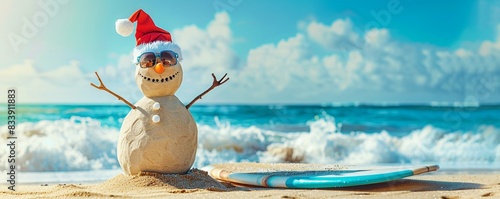 Smiling Santa sandy snowman in red santa hat and stylish sunglasses smiling on the sea beach with copy space, concept of winter holiday, Merry Christmas, happy summer time.