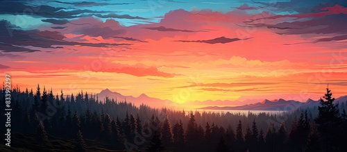 A scenic view showcasing the outline of a forest against a colorful sunset sky, providing ample copy space image.