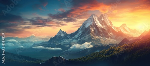 Scenic sunrise over a stunning mountain with copy space image.