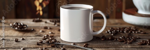a white mug with coffee beans on a wooden table 