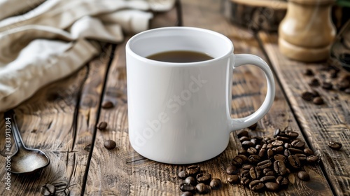 coffee mug on wooden table with coffee beans
 photo