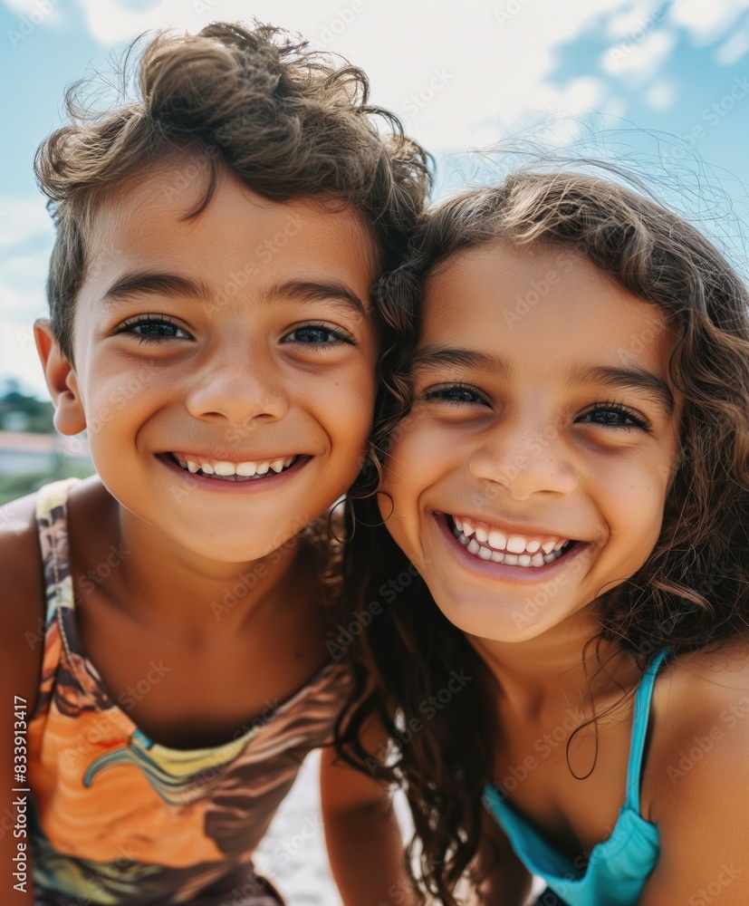 Two happy laughing diverse kids preteen boy and girl close up portrait photo outdoors for children's day AI generated image Two happy laughing diverse kids preteen boy and girl close up portrait photo outdoors for children's day AI generated image