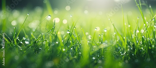 Close-up image of green grass with dew drops in sunlight, with selective focus. Copy space image.