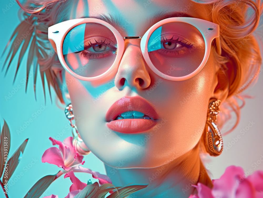 Retro style pastel colors summer background. Fashion woman wearing big sunglasses. Retro style pastel colors summer background. Fashion woman wearing big sunglasses.