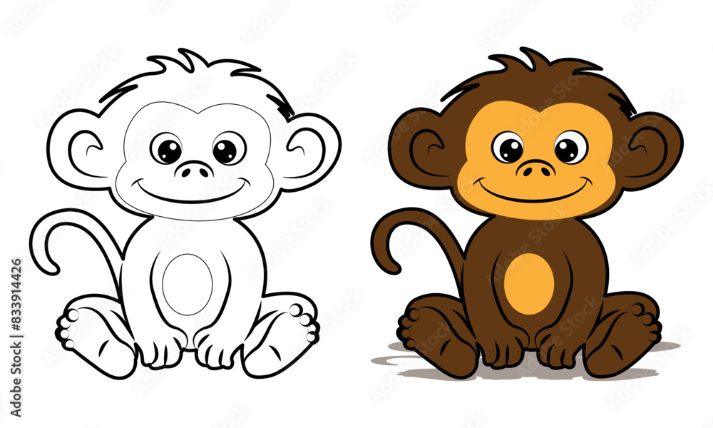 Obraz premium Cute Monkey Sitting Cartoon Vector Icon Illustration.Children's monkey drawing