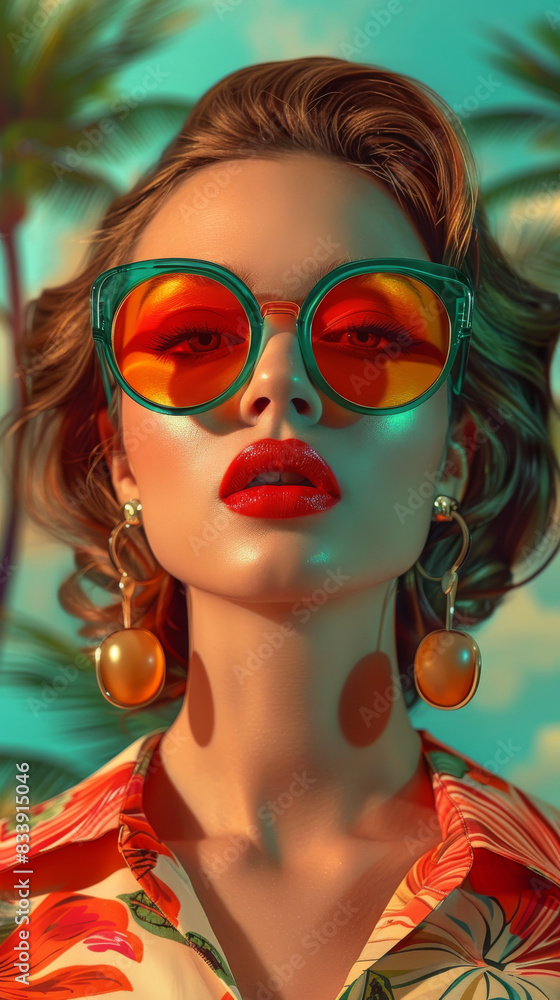 Obraz premium Retro style pastel colors summer background. Fashion woman wearing big sunglasses.
