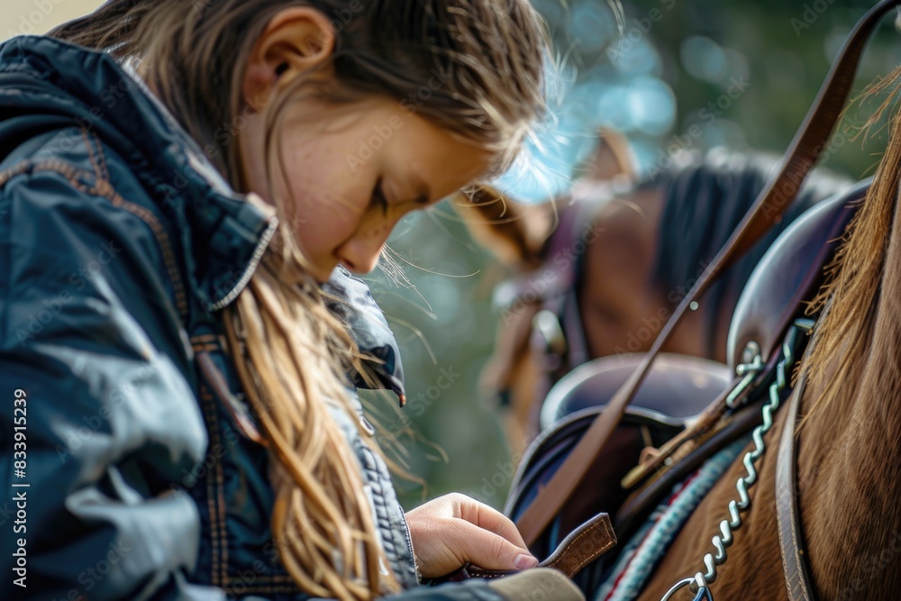 A young girl stands next to a brown horse in a natural setting A young girl stands next to a brown horse in a natural setting