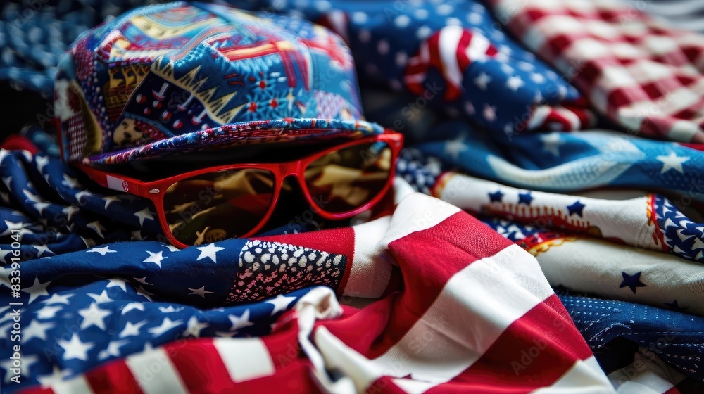 Naklejka premium American Flag ApparelClothing and accessories featuring the American flag, including tshirts, hats, scarves, and more, often worn by people during 4th of July events