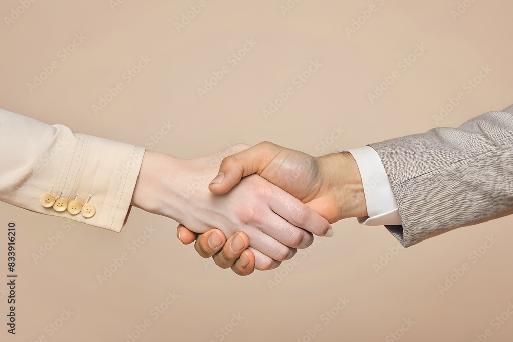 The image captures a close-up of a handshake between two individuals, likely in a business or professional setting. Both individuals are wearing business attire; The image captures a close-up of a handshake between two individuals, likely in a business or professional setting. Both individuals are wearing business attire;