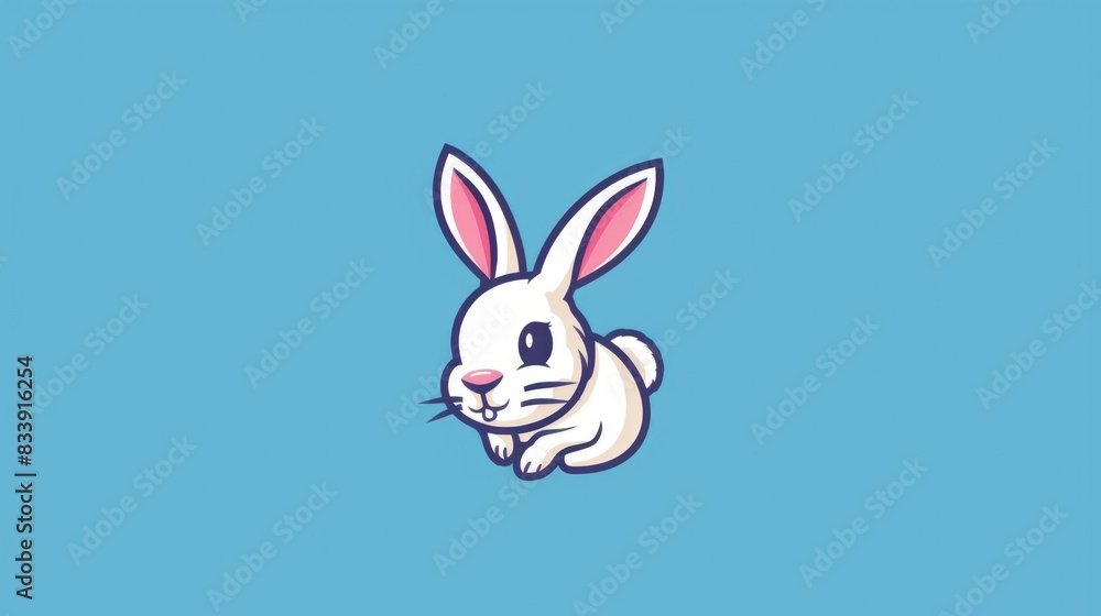 A cute white rabbit with pink ears sitting on a blue surface, great for kids' content and educational materials A cute white rabbit with pink ears sitting on a blue surface, great for kids' content and educational materials