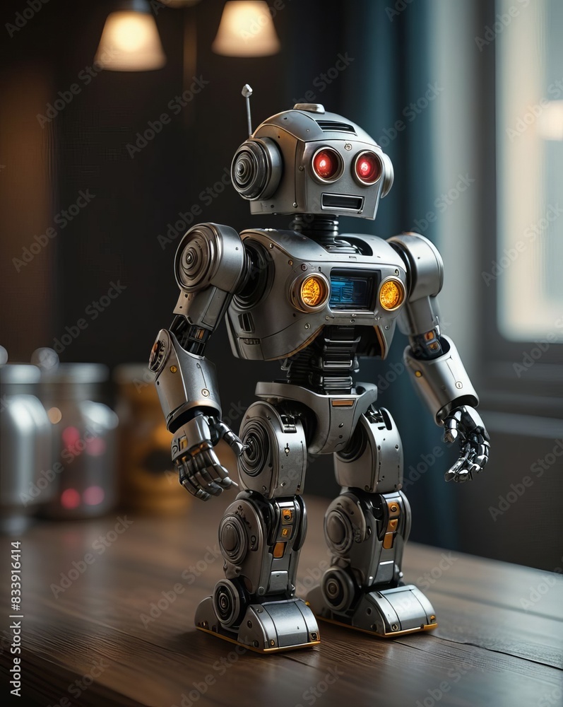 A Sleek Toy Robot with Futuristic Design, Metallic Silver and Blue with LED Lights, Standing on a Wooden Table, Surrounded by Other Toy Gadgets, Photographed in Hyperrealistic Cinematic Style A Sleek Toy Robot with Futuristic Design, Metallic Silver and Blue with LED Lights, Standing on a Wooden Table, Surrounded by Other Toy Gadgets, Photographed in Hyperrealistic Cinematic Style
