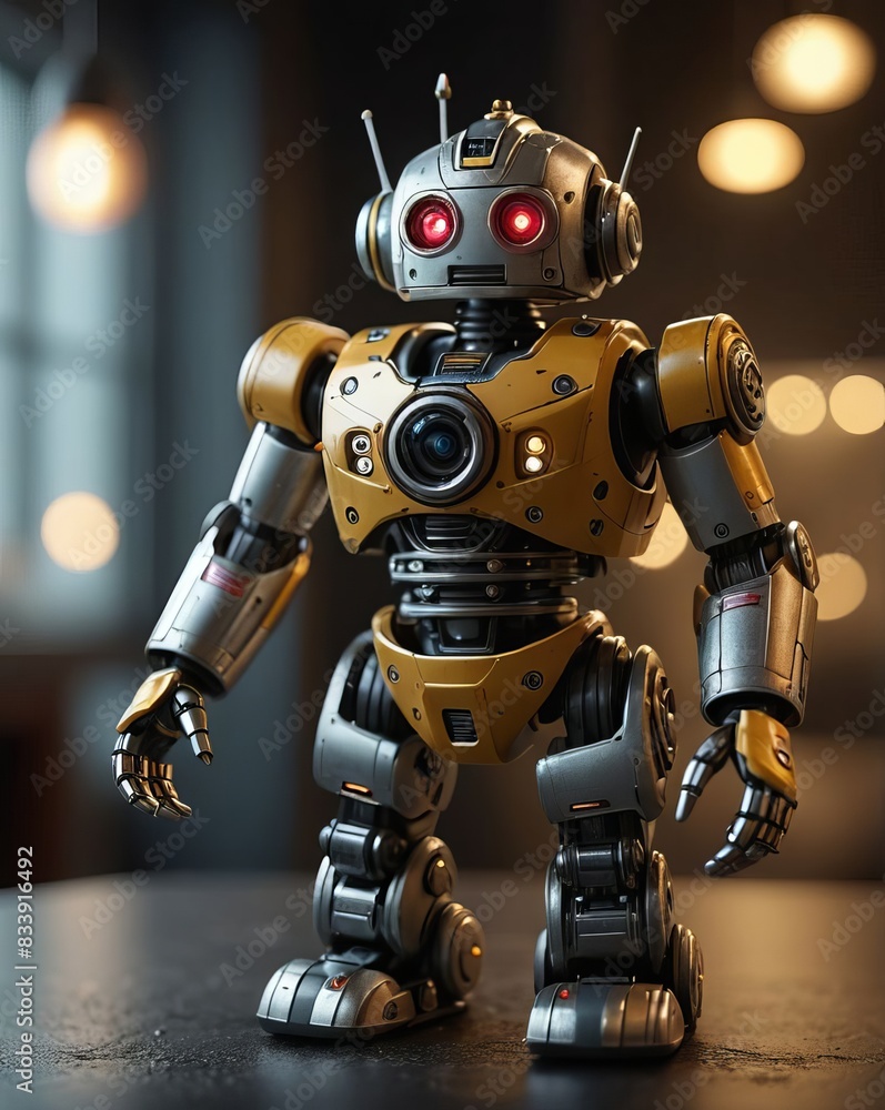 A Sleek Toy Robot with Futuristic Design, Metallic Silver and Blue with LED Lights, Standing on a Wooden Table, Surrounded by Other Toy Gadgets, Photographed in Hyperrealistic Cinematic Style A Sleek Toy Robot with Futuristic Design, Metallic Silver and Blue with LED Lights, Standing on a Wooden Table, Surrounded by Other Toy Gadgets, Photographed in Hyperrealistic Cinematic Style