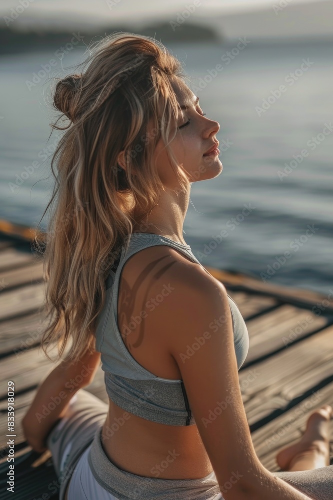 A woman sits on a dock with her eyes closed, possibly enjoying the peaceful atmosphere A woman sits on a dock with her eyes closed, possibly enjoying the peaceful atmosphere