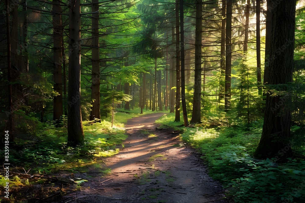 Obraz premium Serene Forest Path with Dappled Sunlight Filtering Through the Trees
