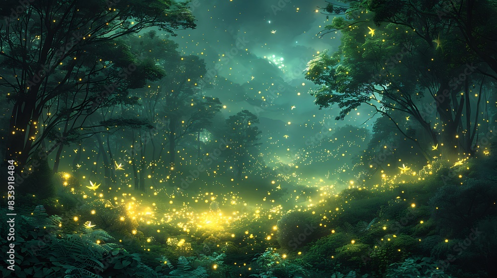 An enchanting nighttime forest scene, twinkling fireflies scattered across the dark backdrop, mysterious and magical, vibrant green hues, soft yellow glows, high contrast. An enchanting nighttime forest scene, twinkling fireflies scattered across the dark backdrop, mysterious and magical, vibrant green hues, soft yellow glows, high contrast.