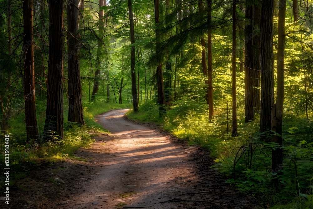Fototapeta premium Serene Forest Path with Dappled Sunlight Filtering Through the Lush Greenery