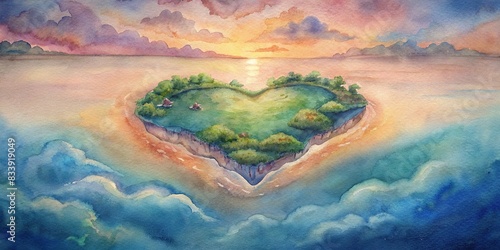 Aerial view of heart-shaped island at sunset. Love holiday. Generative watercolor, heart-shaped island, aerial view, sunset, love, holiday, romantic, paradise, aerial shot, scenic, beautiful photo