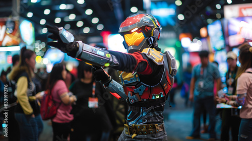 A cosplayer dressed as a popular game character, posing dynamically at a gaming convention. 