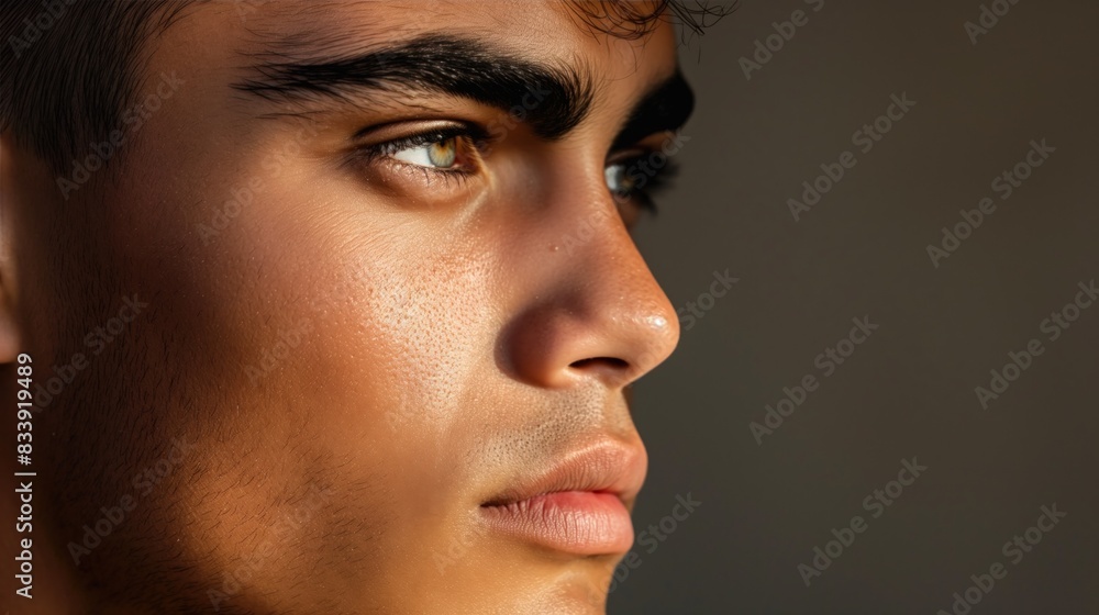 A close-up portrait of a young man with dark eyebrows and green eyes A close-up portrait of a young man with dark eyebrows and green eyes