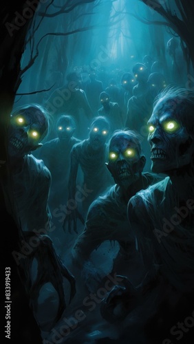 Spooky Zombies Emerging from Darkness Generative AI