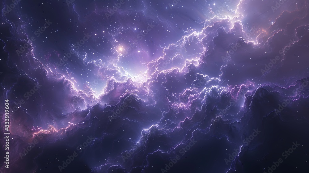 Obraz premium An ethereal abstract outer space background, twinkling stars across a swirling nebula, deep blues and rich purples, light creating a mystical atmosphere.