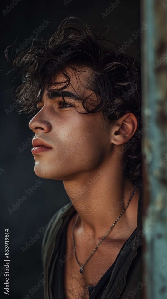 A young man with curly dark hair and a contemplative expression poses for a close-up portrait A young man with curly dark hair and a contemplative expression poses for a close-up portrait