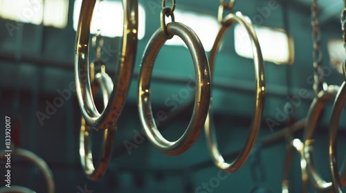 A collection of rings suspended from the ceiling, often used in decorations or as a design element