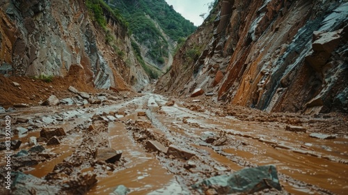 A photo of a muddy road in the middle of a mountain with lush green vegetation surrounding it