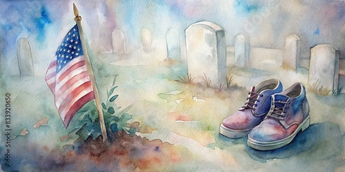 Watercolor of shoes and American flag on cemetery graves for Memorial Day concept, memorial, patriotic, remembrance, honor, sacrifice, tribute, cemetery, solemn, respect, American flag photo