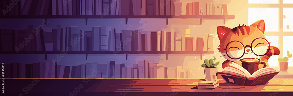 A cartoon kitty cat drinking coffee and reading a book in a cafe A cartoon kitty cat drinking coffee and reading a book in a cafe
