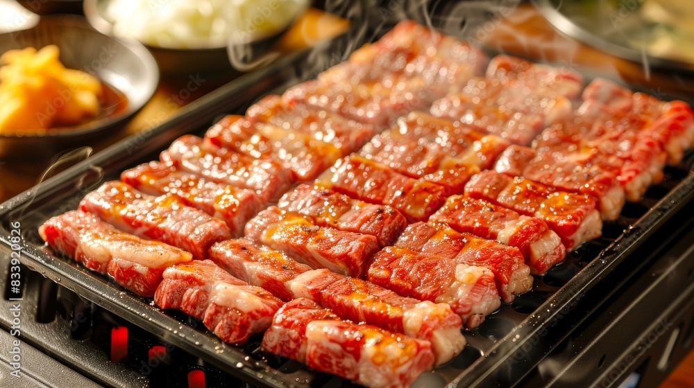 Sizzling marinated beef slices being grilled on a barbecue, with side dishes in the background, showcasing a delicious Korean BBQ meal. Sizzling marinated beef slices being grilled on a barbecue, with side dishes in the background, showcasing a delicious Korean BBQ meal.