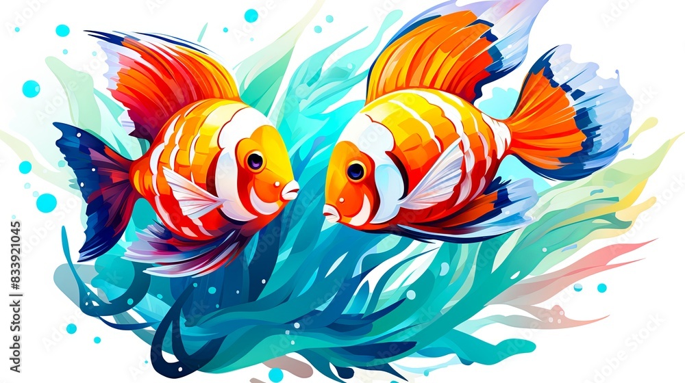 Stunning illustration of two vibrant, colorful fish swimming in a lively underwater scene with dynamic blue and green water patterns. Stunning illustration of two vibrant, colorful fish swimming in a lively underwater scene with dynamic blue and green water patterns.