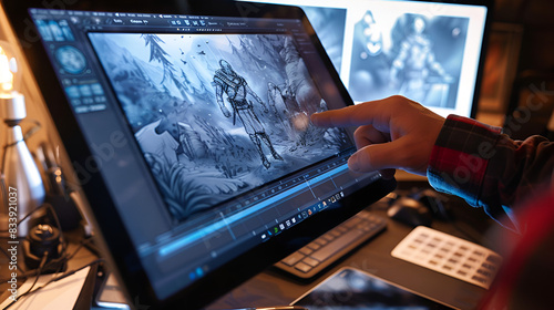 A game artist working on concept art for a video game, using a digital tablet, doing character design