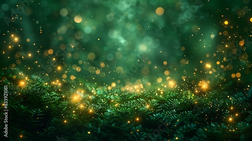 An ethereal nighttime abstract, twinkling fireflies scattered across a dark forest, magical and mysterious, soft glow, vibrant hues of green and yellow, high contrast, hd quality.