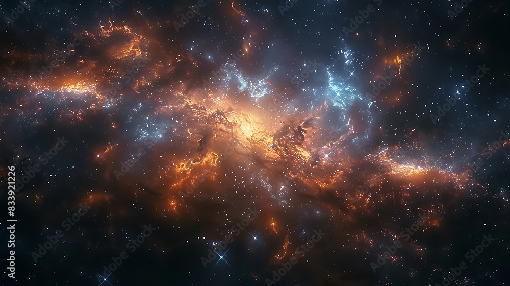 Naklejka premium An ethereal portrayal of the center of a galaxy, dense twinkling stars, vibrant and colorful nebula, swirling cosmic dust, soft glow, high contrast, hd quality.