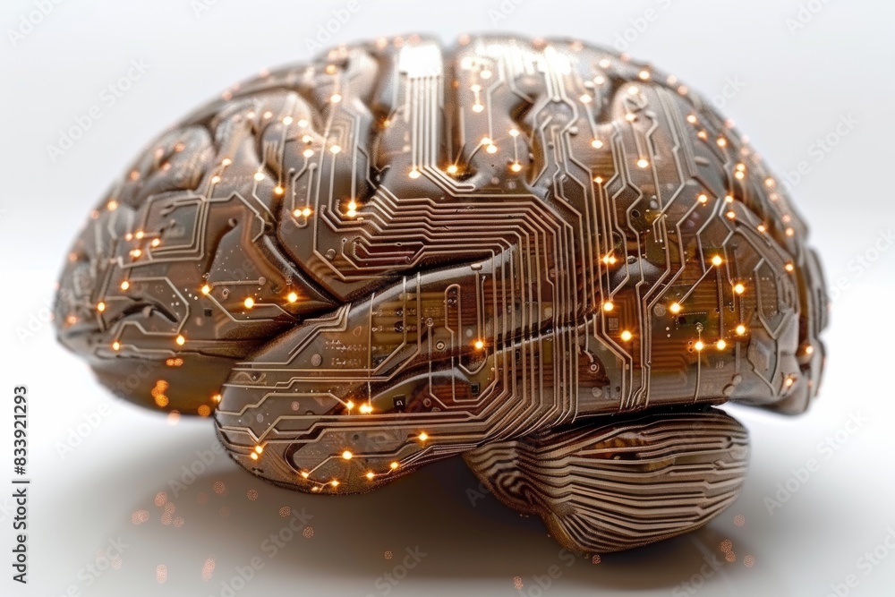 Fototapeta premium Golden circuit brain with glowing connections, depicting the advanced fusion of technology and human cognition.