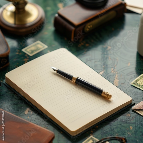 notebook, pen, glasses, and other accessories on a desk
