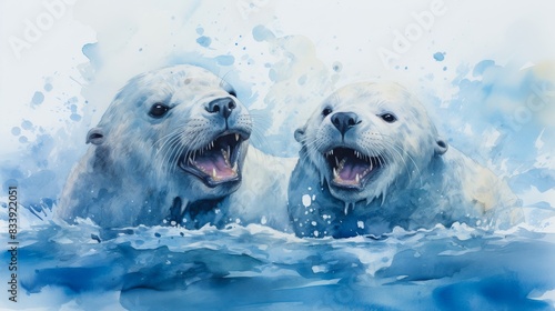 Playful polar bears splashing joyfully in icy blue water, creating a delightful, heartwarming scene amidst the cold Arctic environment. photo