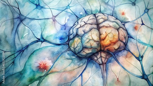 Closeup watercolor painting of neural network in the brain , neurons, nervous system, cells, biology, science, abstract, brain cells, synapses, communication, medical, microscopic, anatomy photo