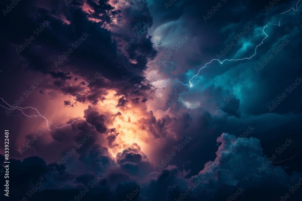 Lightning and thunder clouds in a dark sky with a bright orange glow Lightning and thunder clouds in a dark sky with a bright orange glow