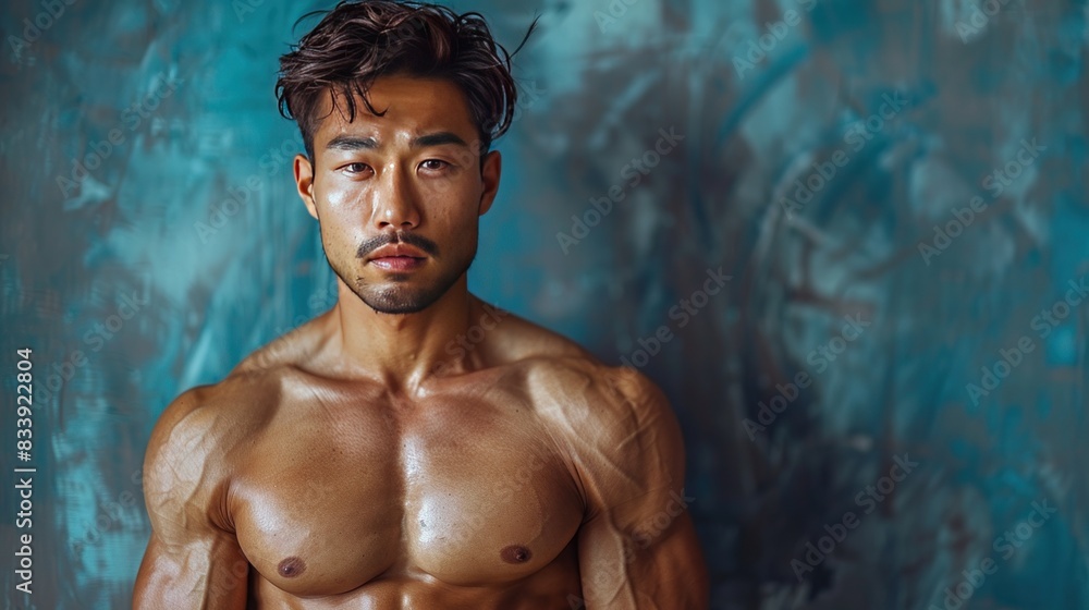 Asian man shirtless workout weight training biceps muscles with dumbbell in fitness gym. Asian man shirtless workout weight training biceps muscles with dumbbell in fitness gym.