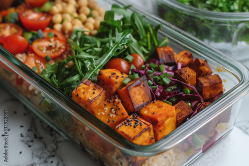 Close-up of a glass meal prep container filled with a colorful assortment of roasted sweet potatoes, chickpeas, cherry tomatoes, leafy greens, and garnished with black sesame seeds