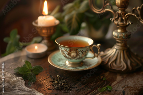 luxury cup of tea with candle and flower on table