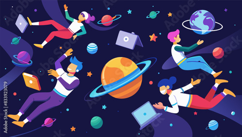 In this immersive virtual reality exhibit participants float through a digital universe interacting with and creating art in zero gravity.. Vector illustration