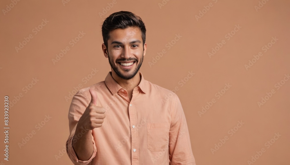 Obraz premium A smiling man in a casual shirt gives a thumbs-up. The image exudes positivity and approval.