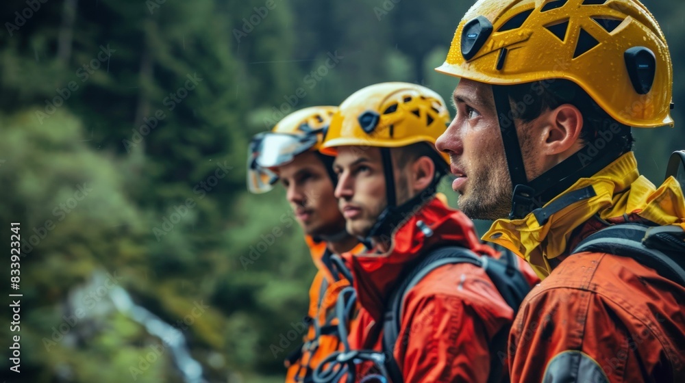Obraz premium Dedicated Team of Rescue Workers Strategizing and Equipping for Mission to Save Lives