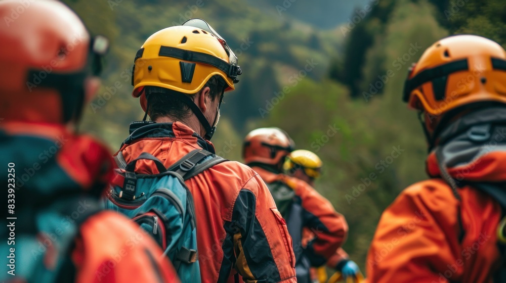 Courage in Action: Team of Dedicated Rescue Workers Preparing for High-Stakes Mission Courage in Action: Team of Dedicated Rescue Workers Preparing for High-Stakes Mission